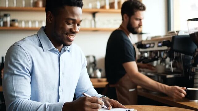 Man signs paper at cafe.