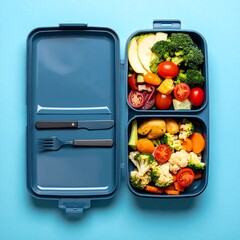 Opened blue lunchbox filled with vegetables, sliced fruits, knife and fork. Blue surface background