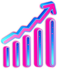 Neon 3D Bar Chart with Upward Arrow Showing Growth and Success Illustration, light line glow neon laser