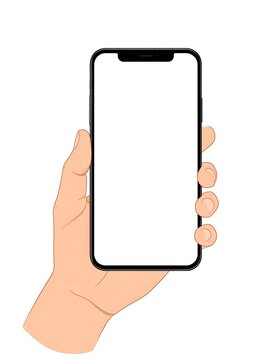 Digitally created illustration of a person's hand holding a rectangular device with a blank screen, isolated on white