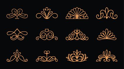 Set of 12 elegant gold line art ornate decorative flourishes and swirls © Mobasshara