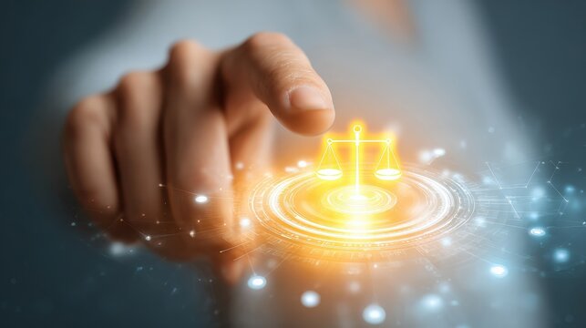 A hand interacts with a futuristic digital interface displaying a glowing justice scale symbol, representing law, fairness, and legal technology.