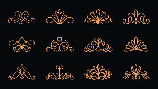 Set of 12 elegant gold line art ornate decorative flourishes and swirls