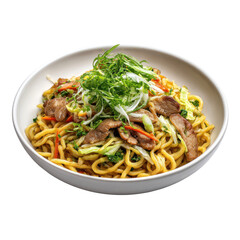 White bowl of stir fried noodles with beef and green onions asian, Isolated, Png Transparent Background