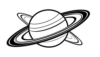 Black and white illustration depicting a celestial object with multiple concentric rings encircling its spherical body