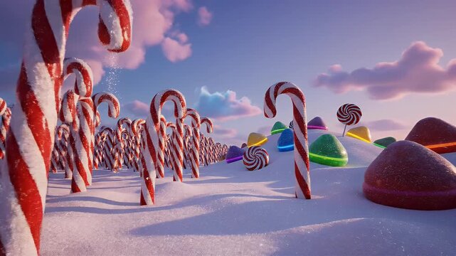 Candy canes and colorful lollipops in a snowy landscape.