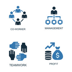 Business Icons: Visual representation of business concepts including co-worker collaboration, effective management, and financial success.