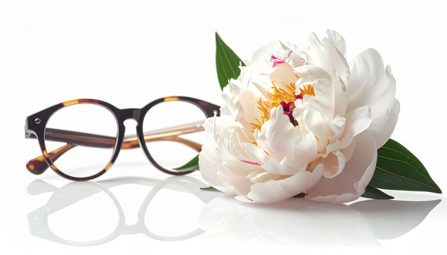 Close-up of elegant tortoise-shell eyeglasses beside a delicate white peony, symbolizing clear vision and natural beauty on a pristine white background
