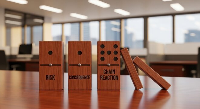 Wooden domino blocks labeled risk, consequence, chain reaction on office table, for domino effect, business vulnerability, cascading impact corporate failure in modern workplace
