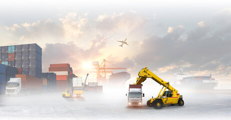 forklift handling container box loading to truck in import export logistic, Business logistics concept © Travel mania
