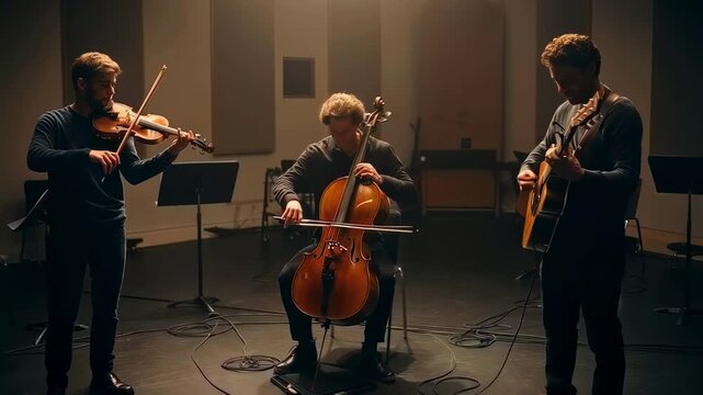 three musicians in recording studio playing violin cello acoustic guitar under warm cinematic lighting, closeknit trio rehearsing emotive chamber arrangement with microphone stands