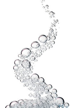 perfectly spherical, translucent bubbles with iridescent reflections floating in an elegant upward stream against a transparent studio background, conveying purity and lightness concept