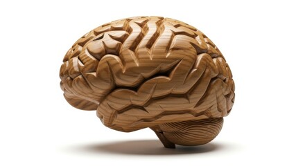 Obraz premium A wooden model of a human brain on a white surface for education or medical purposes