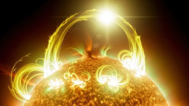 Stunning abstract depiction of a star with powerful solar flares and coronal loops, showcasing intense energy and cosmic phenomena.