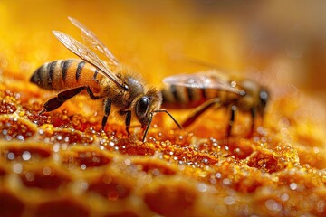 Naklejka premium Detailed close-up of two honey bees on a glistening golden honeycomb surface