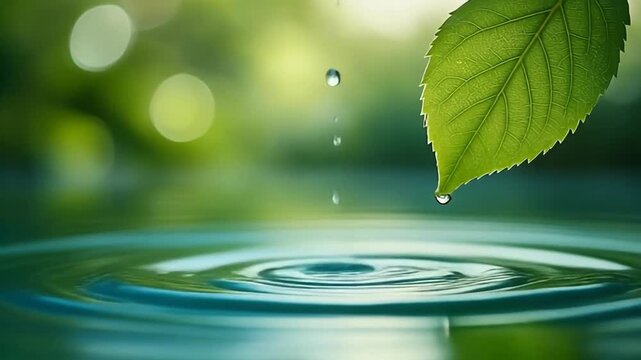 Close up of a green leaf with water droplets falling into rippling water.