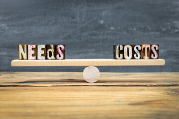 NEEDS And COSTS Balance Concept Shown On Wooden Seesaw