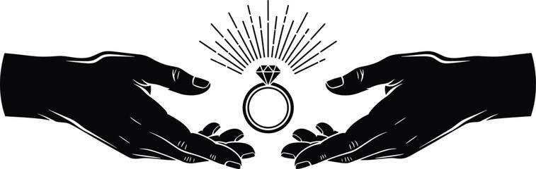 Fototapeta premium Black silhouette vector of hands presenting a diamond engagement ring with light rays for wedding, proposal, jewelry, and luxury themes.