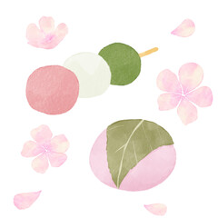 水彩風の三色団子と桜餅｜春の和菓子・花見・道明寺・ひな祭り