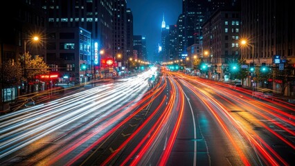 Naklejka premium Dynamic long exposure captures the vibrant energy of a bustling city street at night, with mesmerizing red and white light trails from traffic.