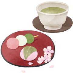 水彩風の三色団子と桜餅｜春の和菓子・花見・道明寺・ひな祭り