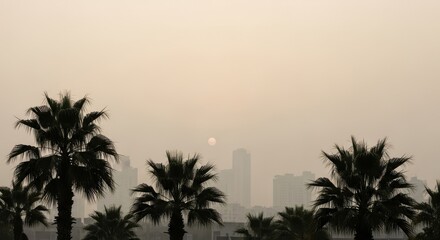Obraz premium Group of palm trees in front of a hazy city skyline at sunset