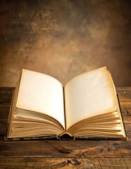 Opened book on worn wood surface, blank pages facing up, warm brown, dramatic lighting