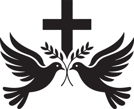 Two black doves facing each other holding olive branches below a simple black Christian cross