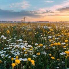 Obraz premium Sunset Over Wildflower Field with Yellow and White Blooms in Natural Landscape