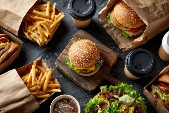A variety of fast food items, including burgers, fries, salad, and drinks