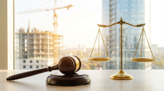 Golden scales of justice and wooden gavel table representing construction law front of urban city building site window symbolizing balanced legal judgment and real estate regulation authority