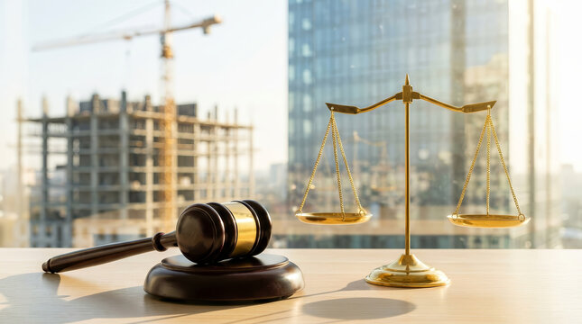 Gavel and scale on table with construction site background symbolize confident property law justice and honest legal regulation regarding real estate investment and urban development projects