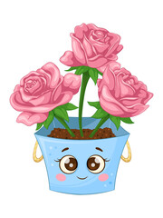 Cute smiling rose flower with yellow flower in pink pot, cheerful cartoon face with big eyes. house plant.