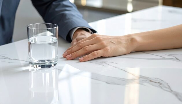 Close up of two business professionals hands touching across a marble table with a glass of water in soft lighting conveying trust and collaboration