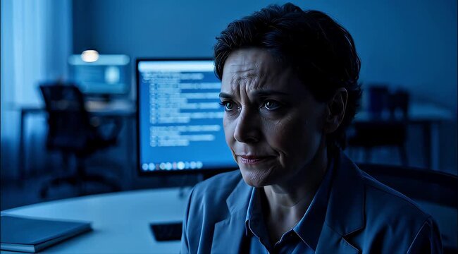 A focused woman works late at her office desk, surrounded by computer screens and office equipment. Her concentrated expression and professional attire convey a sense of dedication and expertise. 