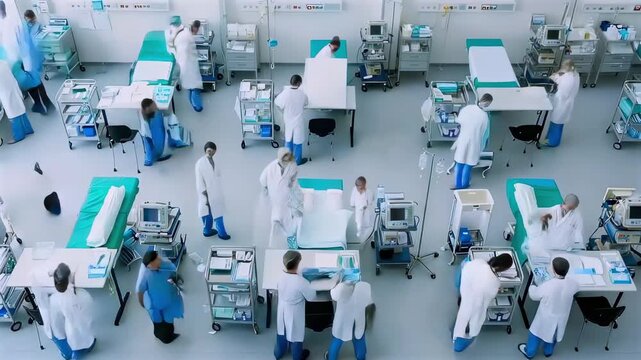 aerial view busy hospital ward operations, nursing staff move between beds and equipment managing patient flow, clinical devices and carts visible, energetic coordinated environment