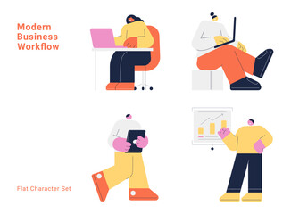 Modern business workflow character set with people working on laptop, tablet and presentation. Flat design vector collection for office, remote work and professional concepts.