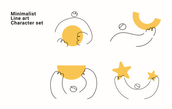 Minimalist line art character set with abstract people figures in continuous one line drawing. Vector illustration collection for modern art and creative design projects yellow accents.