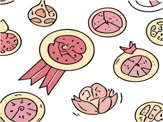 Obraz premium Seamless Cute Pizza and Salami Pattern with Italian Food Elements Hand Drawn Vector Background