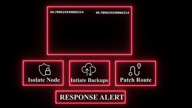 AI THREAT DETECTED Warning Displayed on Futuristic Server Room Interface with Isolate Node, Backup Initialization, and Patch Routing Options in Glowing Neon Light &ndash; 4K Animation