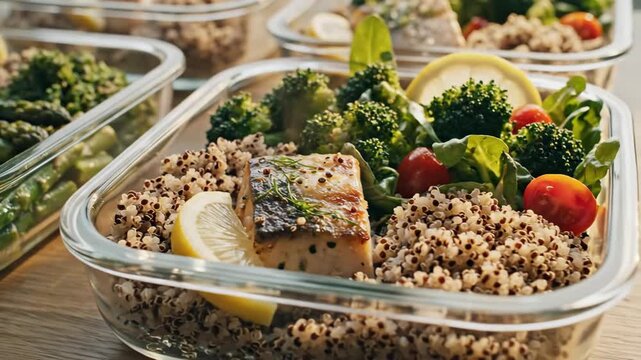 Healthy meal prep featuring salmon broccoli asparagus and grains in clear containers Balanced nutrition ready for enjoyment Delicious and convenient