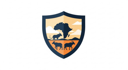 Fototapeta premium African wildlife shield logo with elephant tree and savannah animals symbolizing conservation and protection in a natural setting