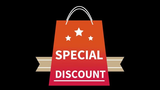 Bright orange and red shopping bag graphic prominently featuring bold white text advertising a special discount offer against a dark background.