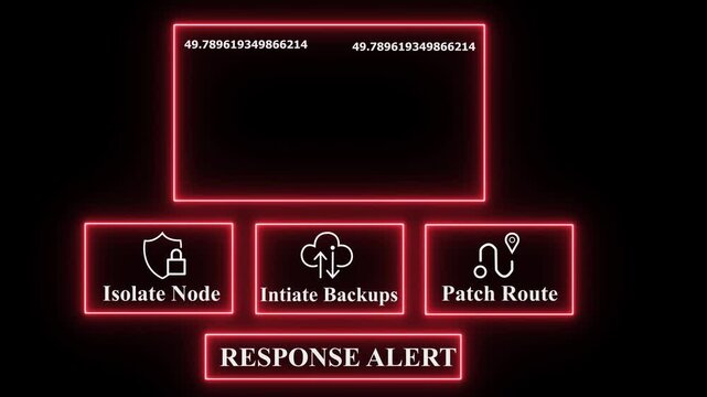 Dark Web Aleart Warning Displayed on Futuristic Server Room Interface with Isolate Node, Backup Initialization, and Patch Routing Options in Glowing Neon Light &ndash; 4K Animation