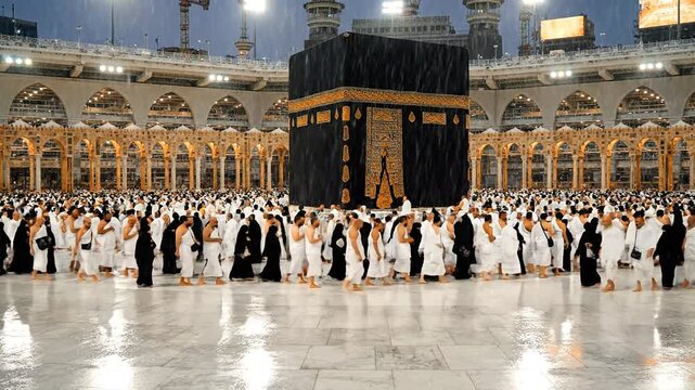 Pilgrims performing Tawaf around the Kaaba in Mecca, Saudi Arabia, during Hajj.