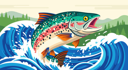 Fototapeta premium Vibrant Rainbow Trout Leaping from Water - Vector Illustration for Fishing and Nature Enthusiasts