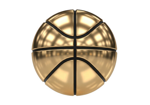 A shiny golden basketball with black seams for sports concepts isolated on transparent background