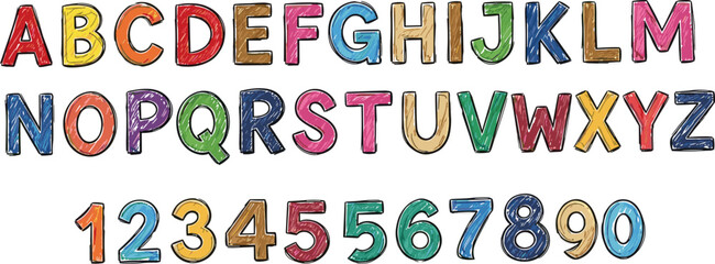 Professional hand-drawn colorful crayon alphabet and number set featuring textured uppercase letters and vibrant numeric characters for children's education and creative design © Shakhawat