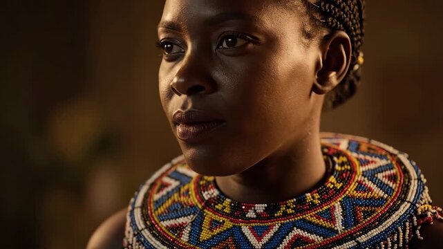 A young African girl with braided hair wears a colorful beaded necklace Her gaze is thoughtful and piercing hinting at deep introspection and cultural richness
