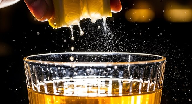 Juicy lemon slice squeezed over a glass of golden liquid with ice, creating a refreshing spray